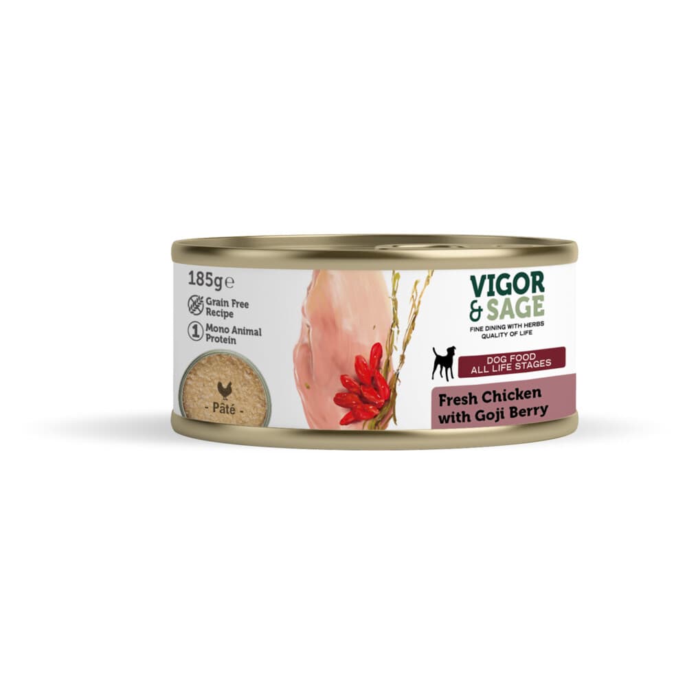 12x Vigor&Sage Hondenvoer Vers-in-Blik Kip - Goji Berry 185 gr