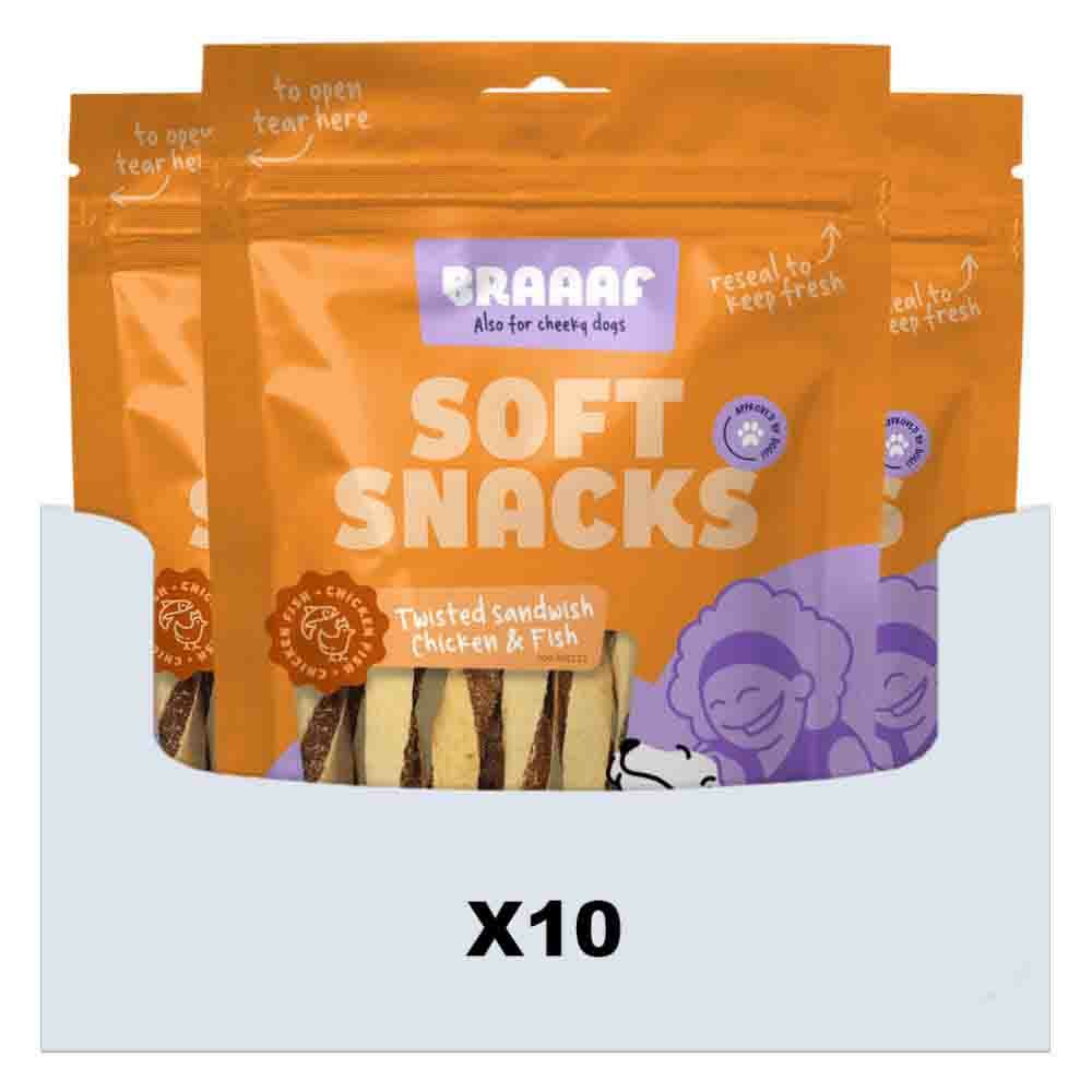 10x Braaaf Hondensnack Twisted Sandwich Kip - Vis 85 gr