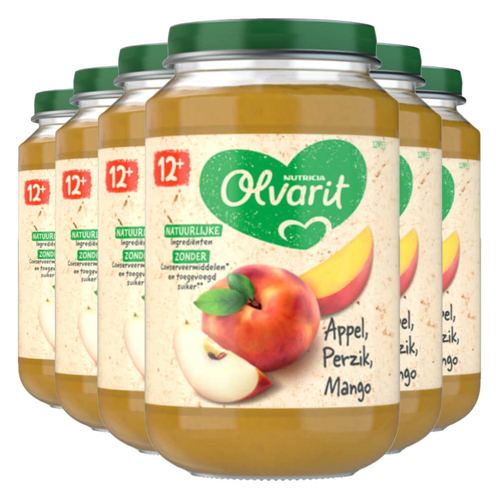 6x Olvarit Fruithapje 12m Appel Perzik Mango 200 gr