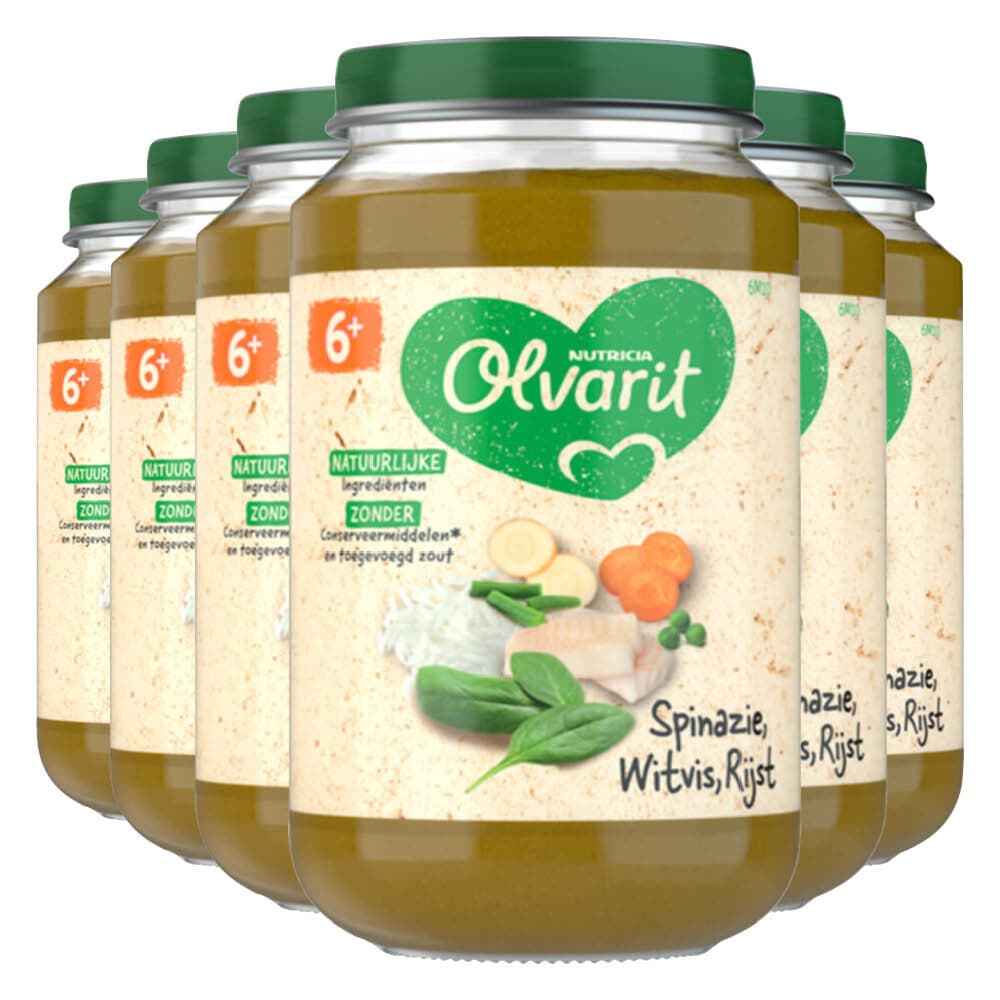 6x Olvarit Maaltijd 6m Spinazie Witvis Rijst 200 gr