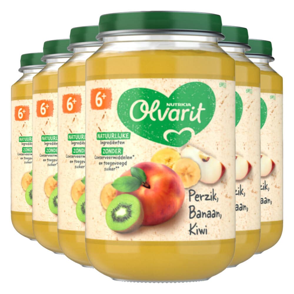 6x Olvarit Fruithapje 6m Perzik Banaan Kiwi 200 gr