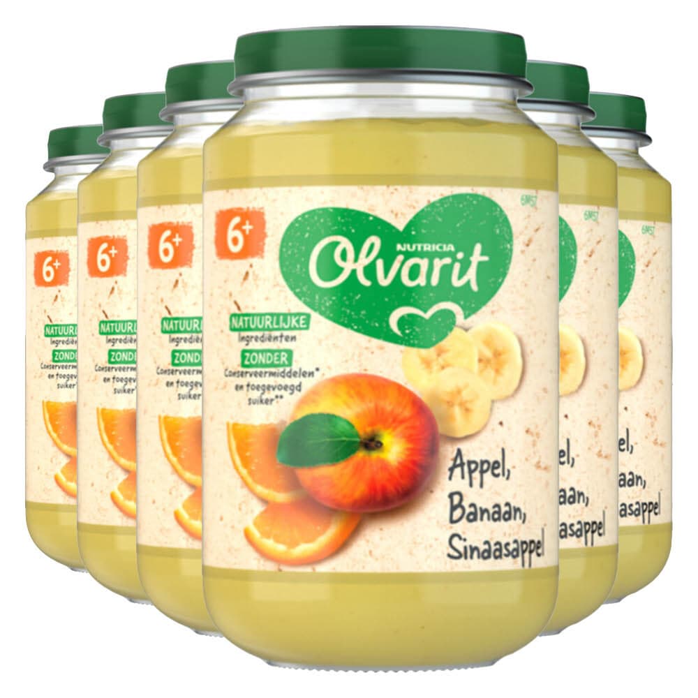 6x Olvarit Fruithapje 6m Appel Banaan Sinaasappel 200 gr