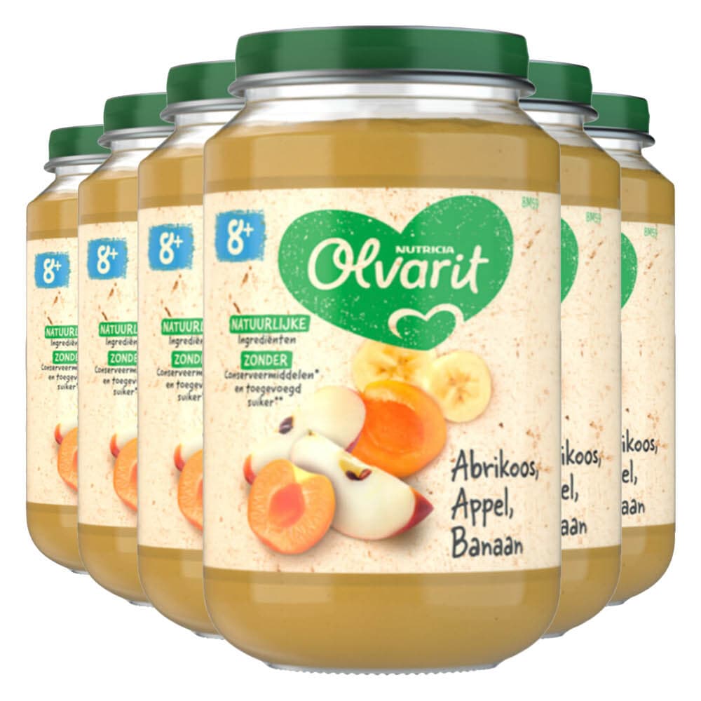 6x Olvarit Fruithapje 8m Abrikoos Appel Banaan 200 gr