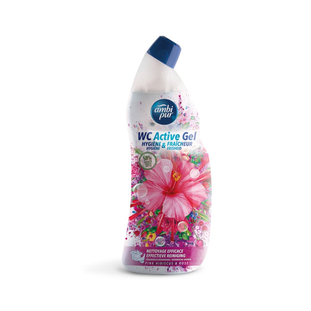 3+2 gratis: Ambi Pur Toiletreiniger Wc Active Gel Hibiscus&Roos 750 ml