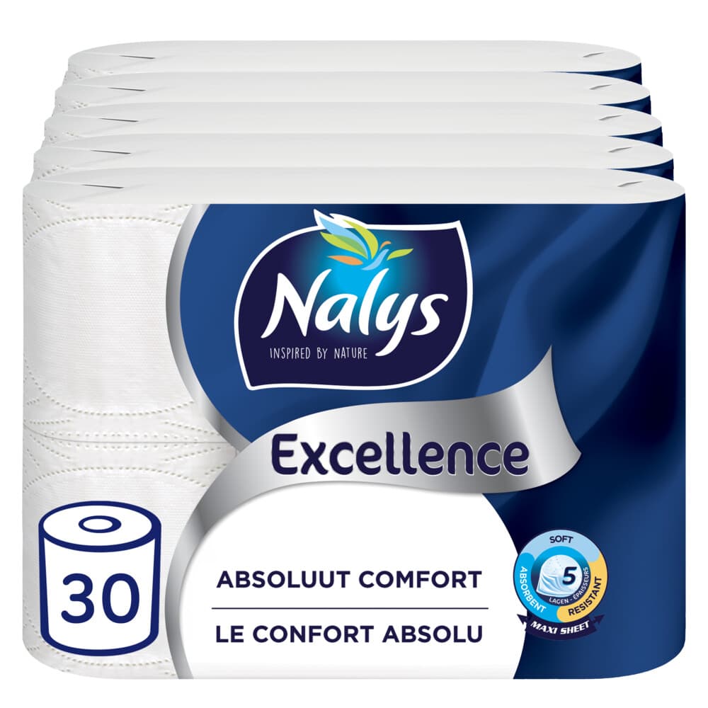 5x Nalys Excellence Maxi-Vel Toiletpapier In Papieren Verpakking 5-Laags 6 stuks