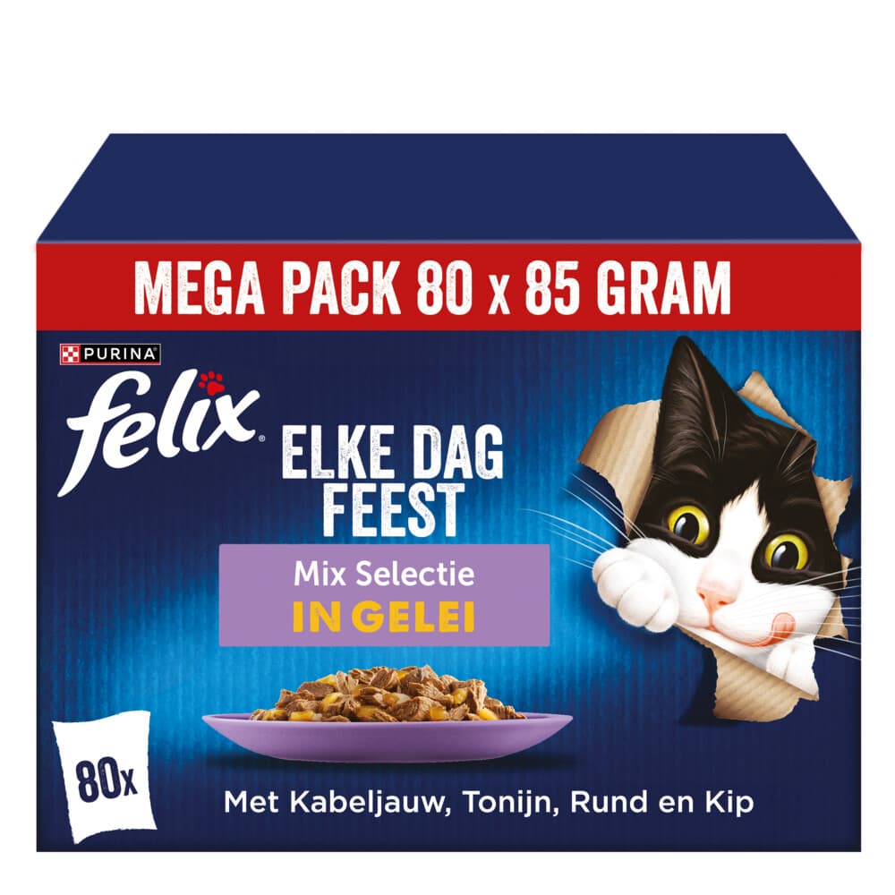 Felix Kattenvoer Nat Pouch Gelei Mix Elke Dag Feest Multipack 80 x 85 gr