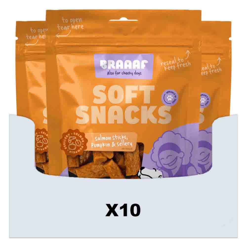 10x Braaaf Hondensnack Sticks Zalm - Pompoen - Selderij 85 gr