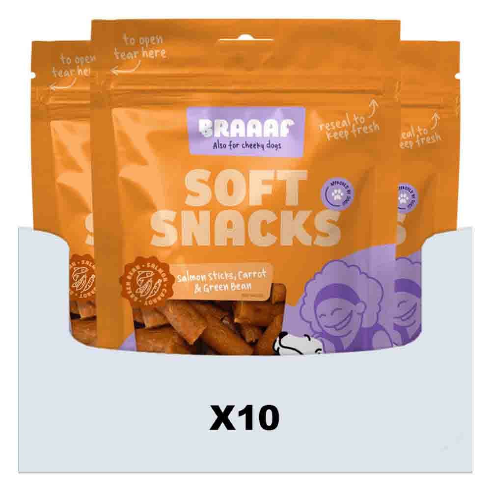 10x Braaaf Hondensnack Sticks Wortel - Sperzieboon - Zalm 85 gr