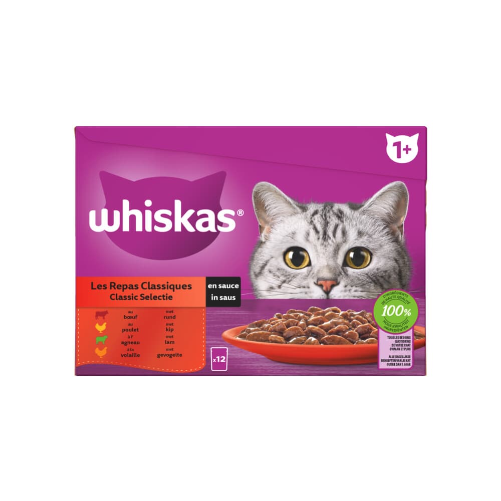 Whiskas 1+ Classic Selectie in Saus Maaltijdzakjes Multipack 12 x 85 gr