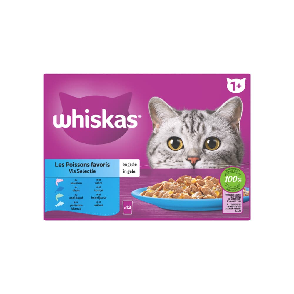 4x Whiskas 1+ Vis Selectie in Gelei Maaltijdzakjes Multipack 12 x 85 gr