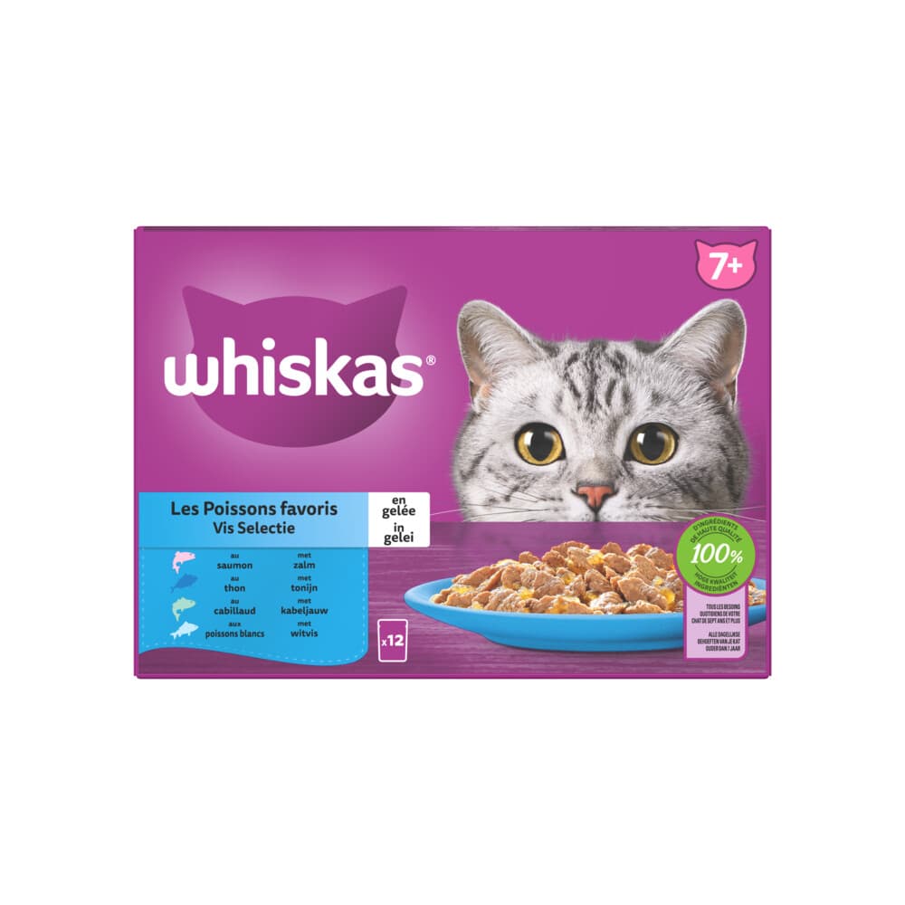 4x Whiskas 7+ Vis Selectie in Gelei Maaltijdzakjes Multipack 12 x 85 gr