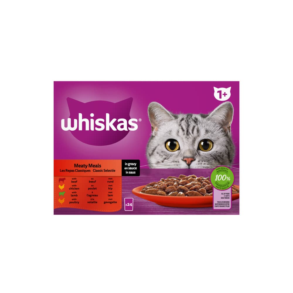 2x Whiskas 1+ Classic Selectie in Saus Maaltijdzakjes Multipack 24 x 85 gr
