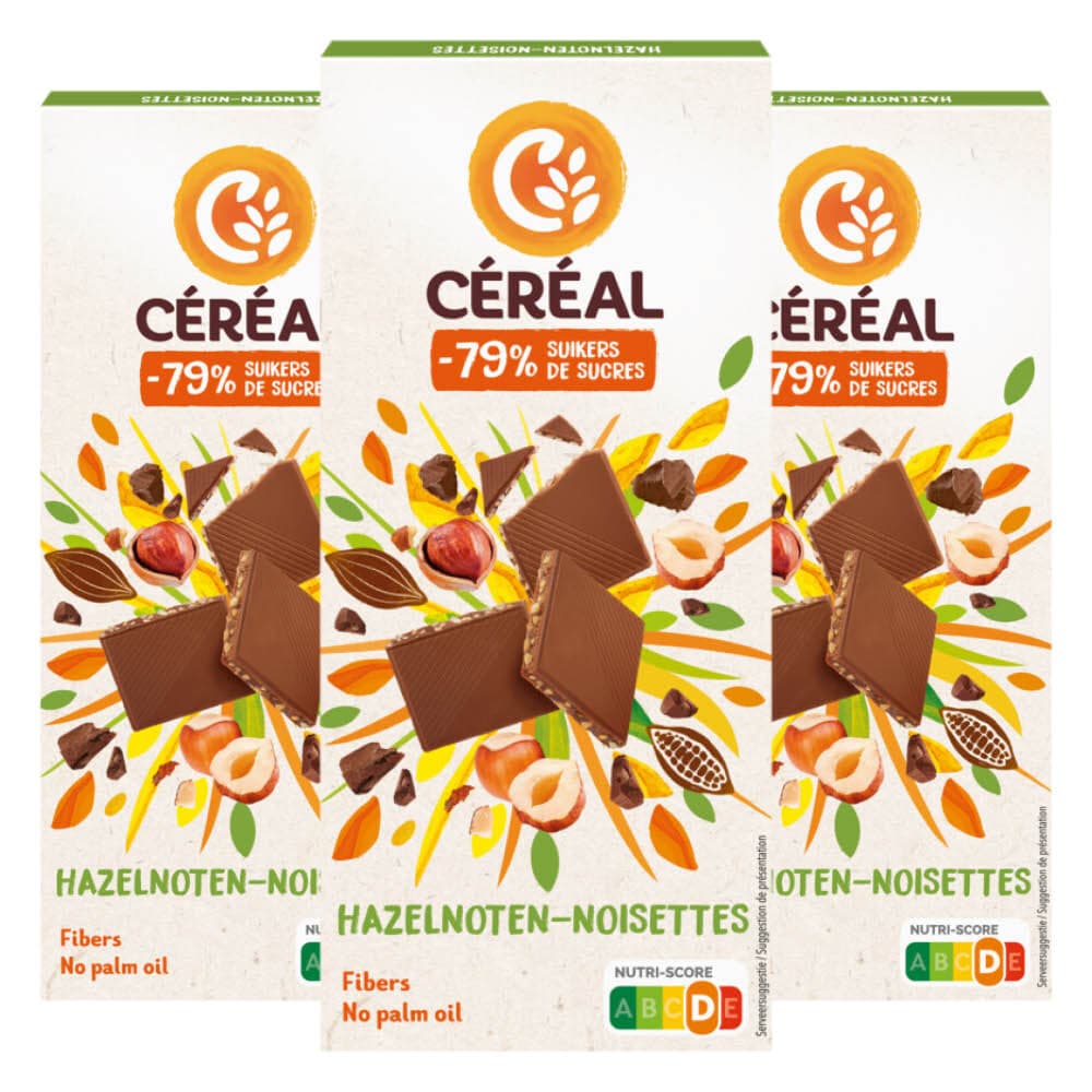 3x Céréal Chocolade Tablet Hazelnoot 80 gr