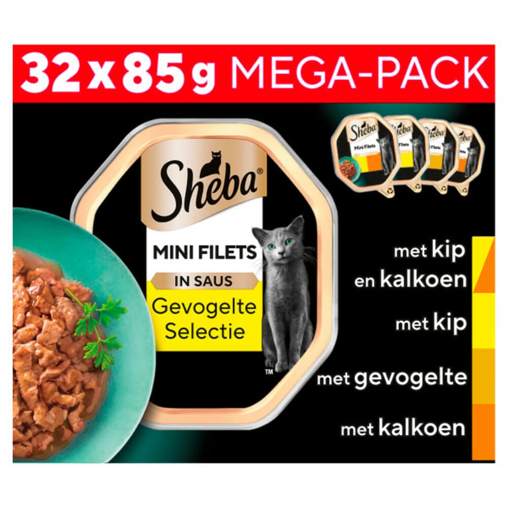 Sheba Mini Filets Kattenvoer Natvoer Gevogelte in Saus Mega Pack Kuipjes 32 x 85 gr