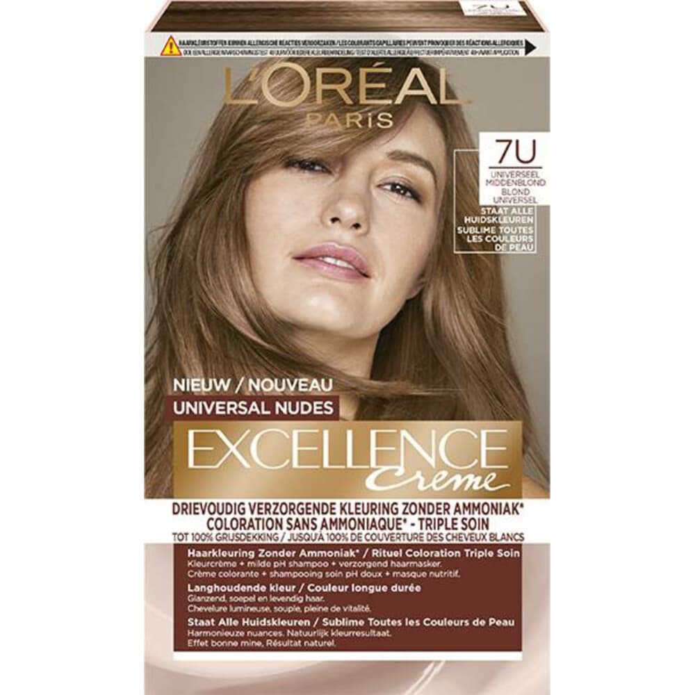 1+1 gratis: L'Oréal Excellence Crème Universal Nudes Permanente Haarkleuring 7U Universeel Middenblond