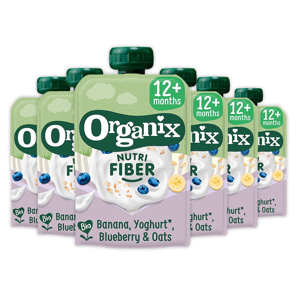 2e halve prijs: 6x Organix Knijpfruit Nutri Fiber 12+m Banaan Blauwe Bes Yoghurt 100 gr