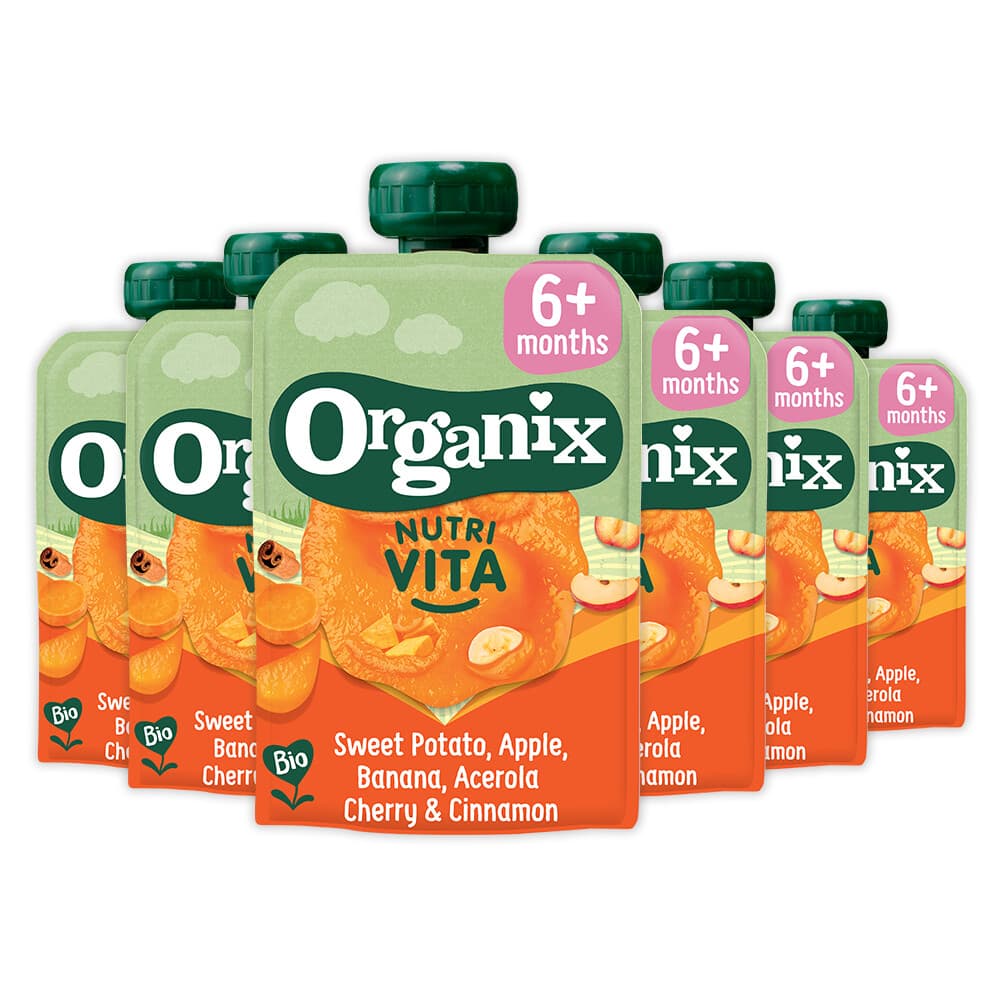 2e halve prijs: 6x Organix Knijpfruit Nutra Vita 6+m Zoete Aardappel Kers Kaneel 100 gr