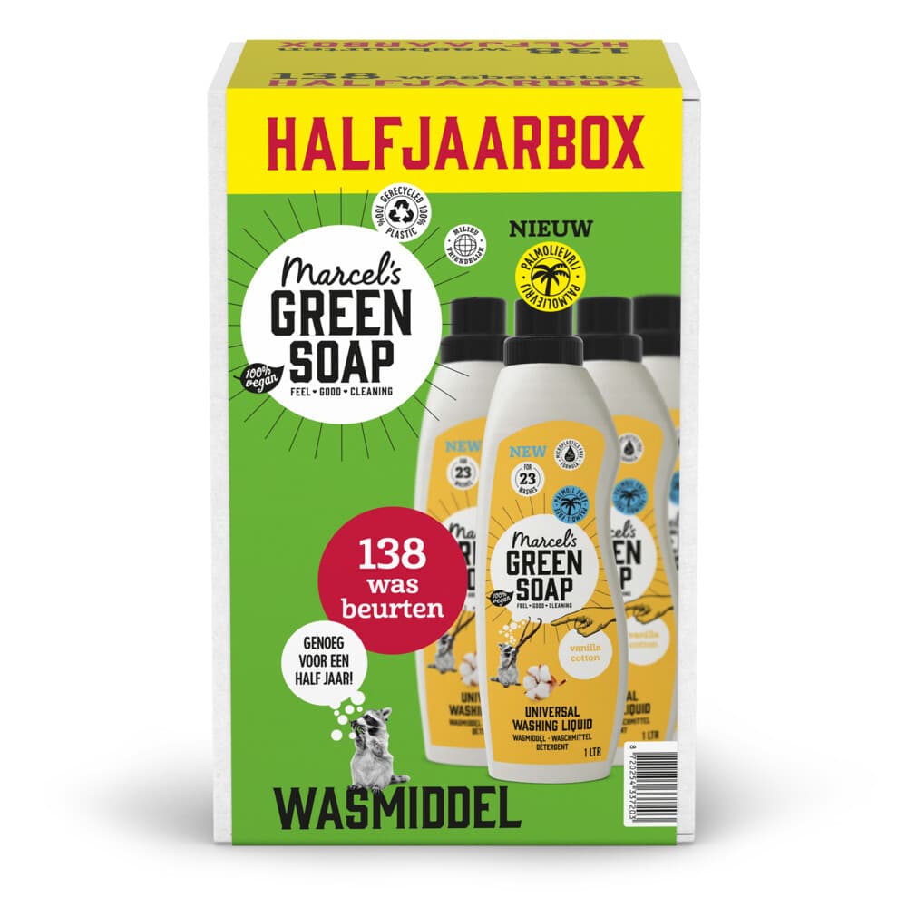 6x Marcel's Green Soap Wasmiddel Katoen&Vanille 23 Wasbeurten 1 liter