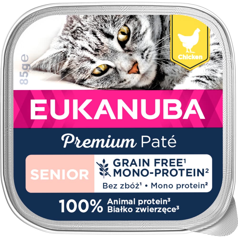 16x Eukanuba Premium Paté Graanvrij Senior Kattenvoer Nat Kip 85 gr