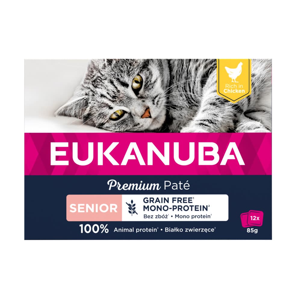 4x Eukanuba Premium Paté Graanvrij Senior Kattenvoer Nat Kip Multi-Pack 12 x 85 gr