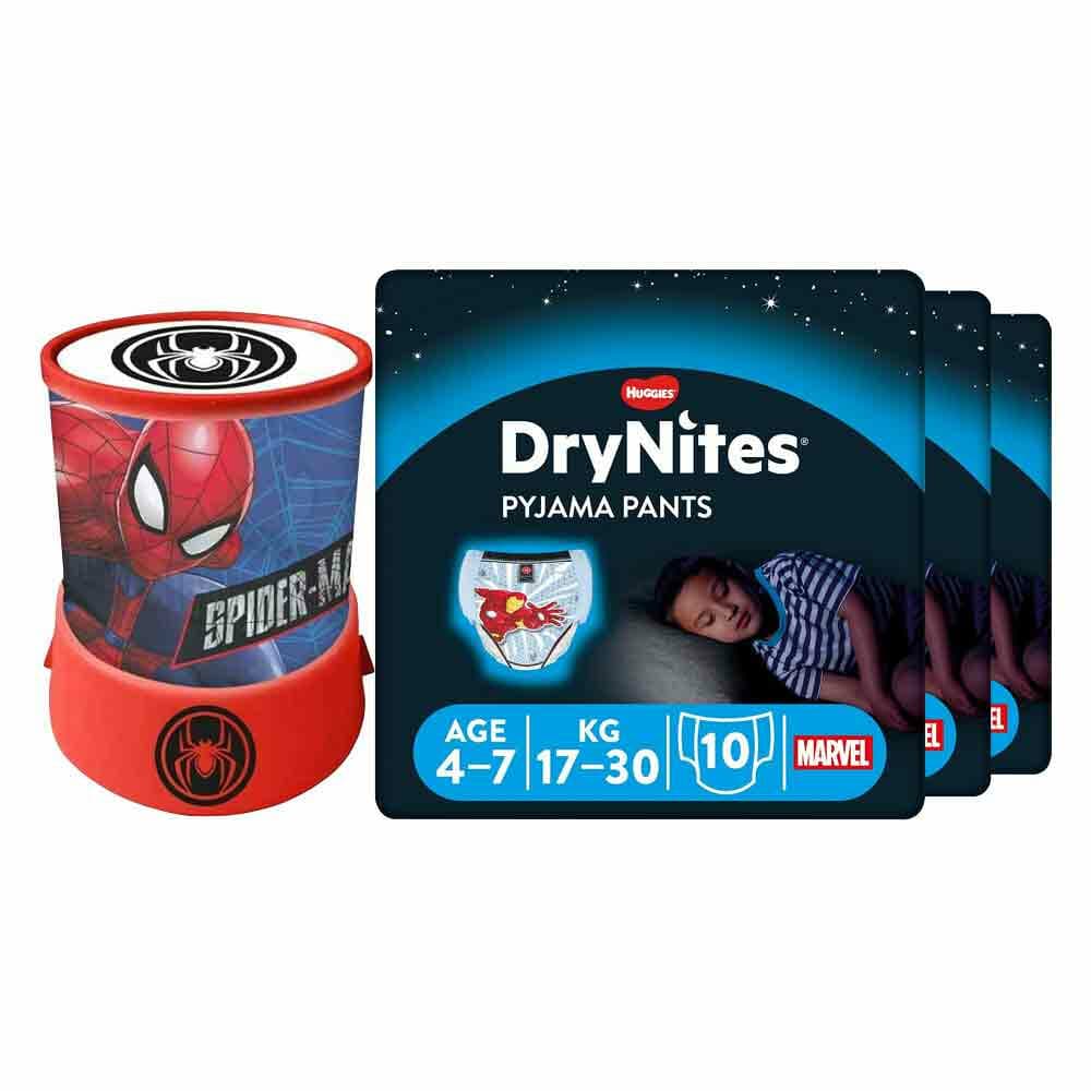 DryNites Luierbroekjes Boy 4-7 jaar Voordeelbox + Spiderman Led Projector Lamp Pakket