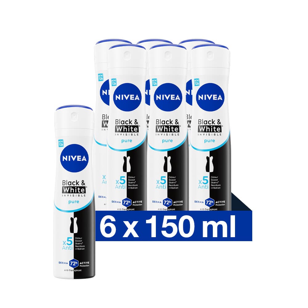6x NIVEA Deodorant Spray Invisible For Black&White Pure 150 ml