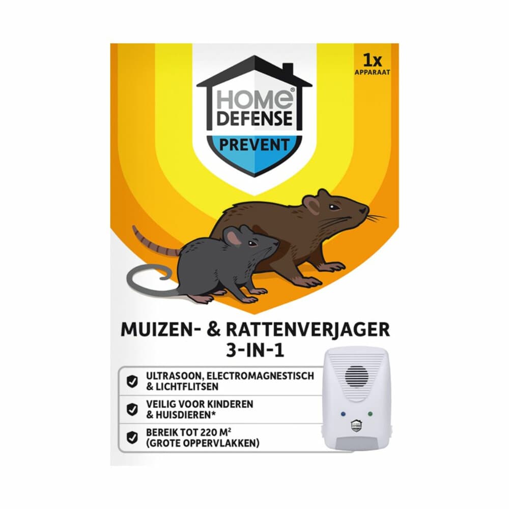 Home Defense Muizen- en Rattenverjager 220 m2 Ultrasoon, Elektromagnetisch en Lichtflitsen