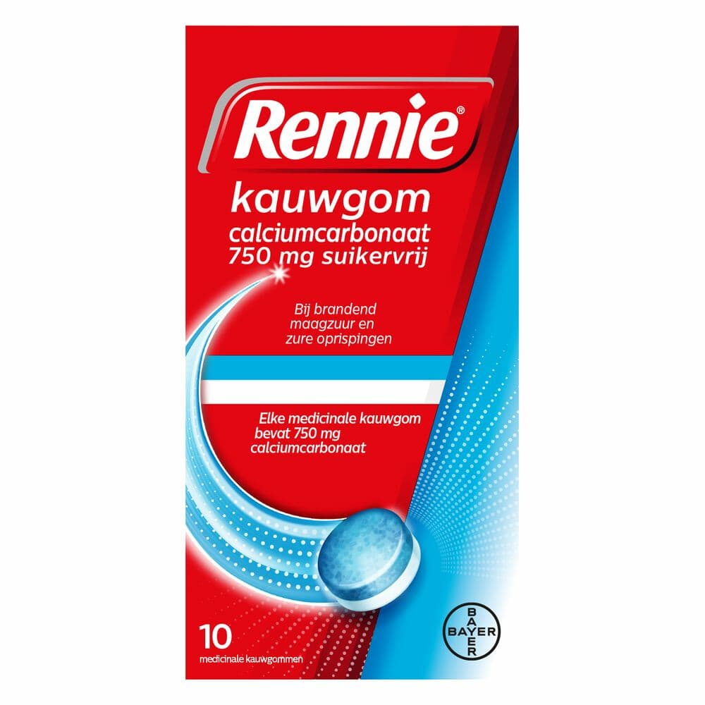 Rennie Kauwgom Calciumcarbonaat 750mg Suikervrij 10 stuks