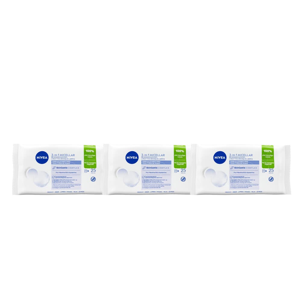3x NIVEA Reinigingsdoekjes Micellair 25 stuks