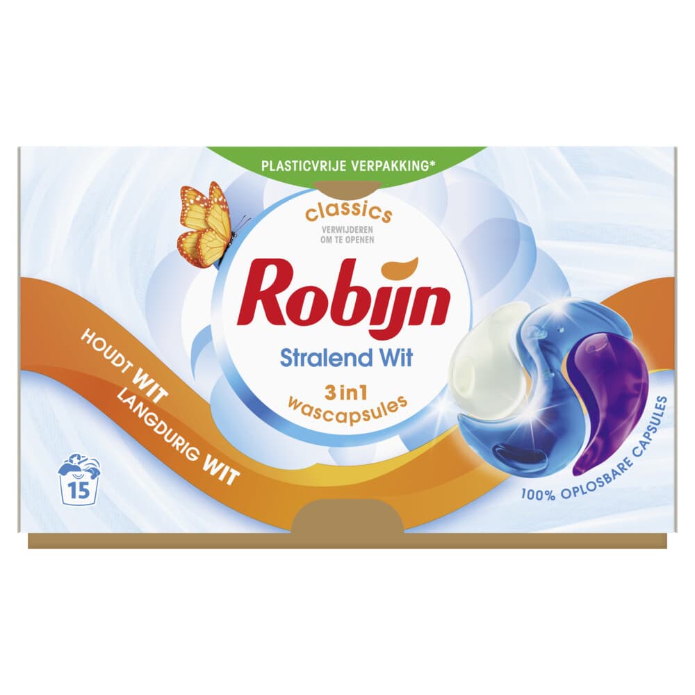 2+1 gratis: Robijn Wascapsules 3-in-1 Stralend Wit 15 stuks