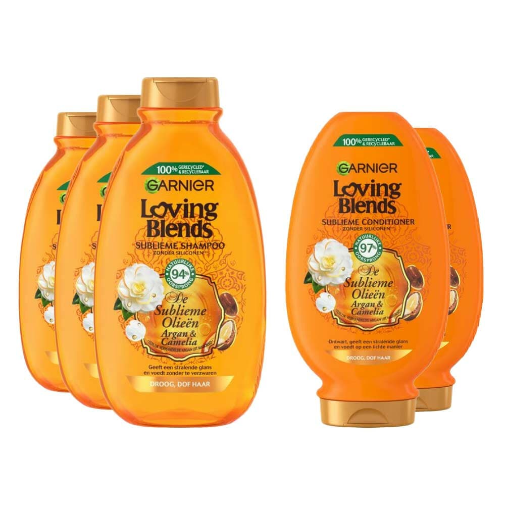Garnier Loving Blends Argan en Cameliaolie - Shampoo 3x 300 ml&Conditioner 2x 250 ml– Pakket