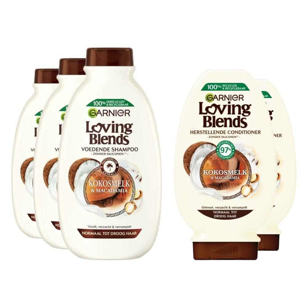 Garnier Loving Blends Kokosmelk en Macadamia - Shampoo - 3x 300 ml&Conditioner 2x 250 ml - Pakket