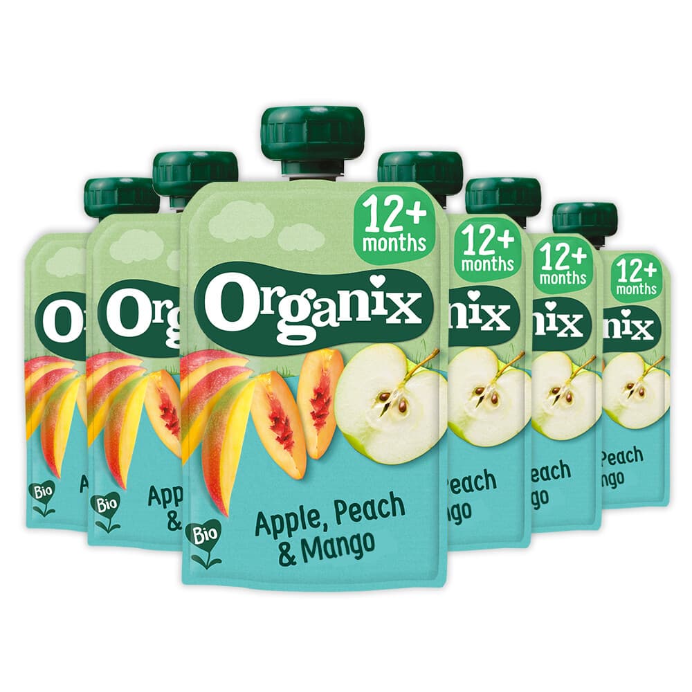 2e halve prijs: 6x Organix Knijpfruit 12+m Appel, Perzik&Mango 100 gr