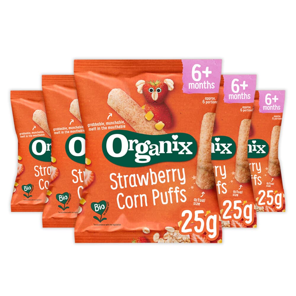 2e halve prijs: 5x Organix Babysnack 6+m Strawberry Corn Puffs 25 gr