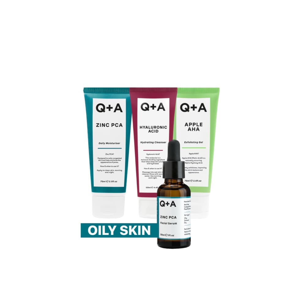 Q+A Oily Skin - Reinigingsgel 1x 125 ml&Exfoliant 1x 75 ml&Gezichtsserum 1x 30 ml&Moisturiser 1x 75 ml - Pakket