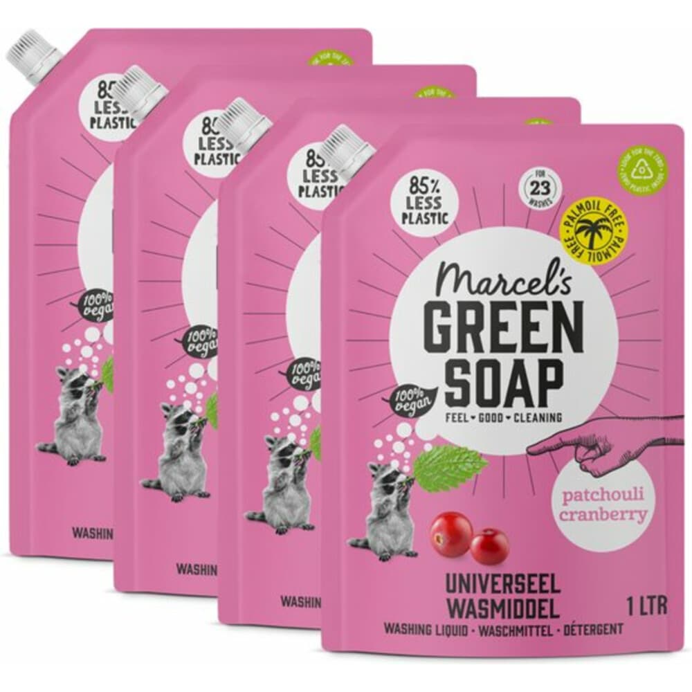 4x Marcel's Green Soap Wasmiddel Navul Patchouli&Cranberry 23 Wasbeurten 1 liter