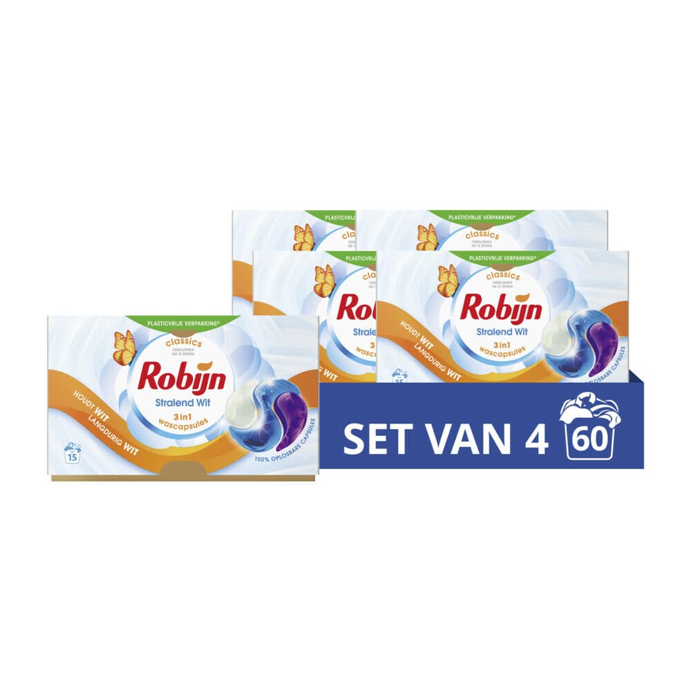 4x Robijn Wascapsules 3-in-1 Stralend Wit 15 stuks