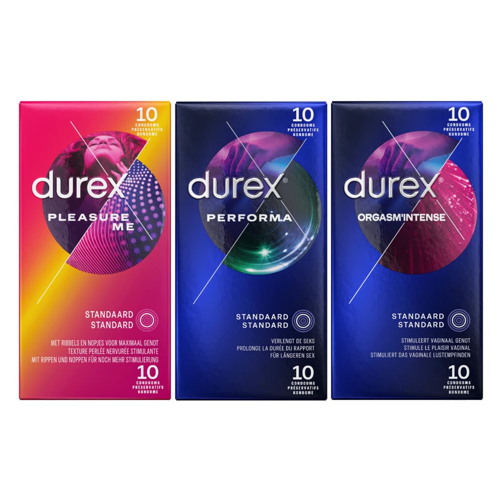 Durex - Pleasure Me Condooms 10 stuks, Orgasm Intense Condooms 10 stuks&Performa Condooms10 stuks - Pakket