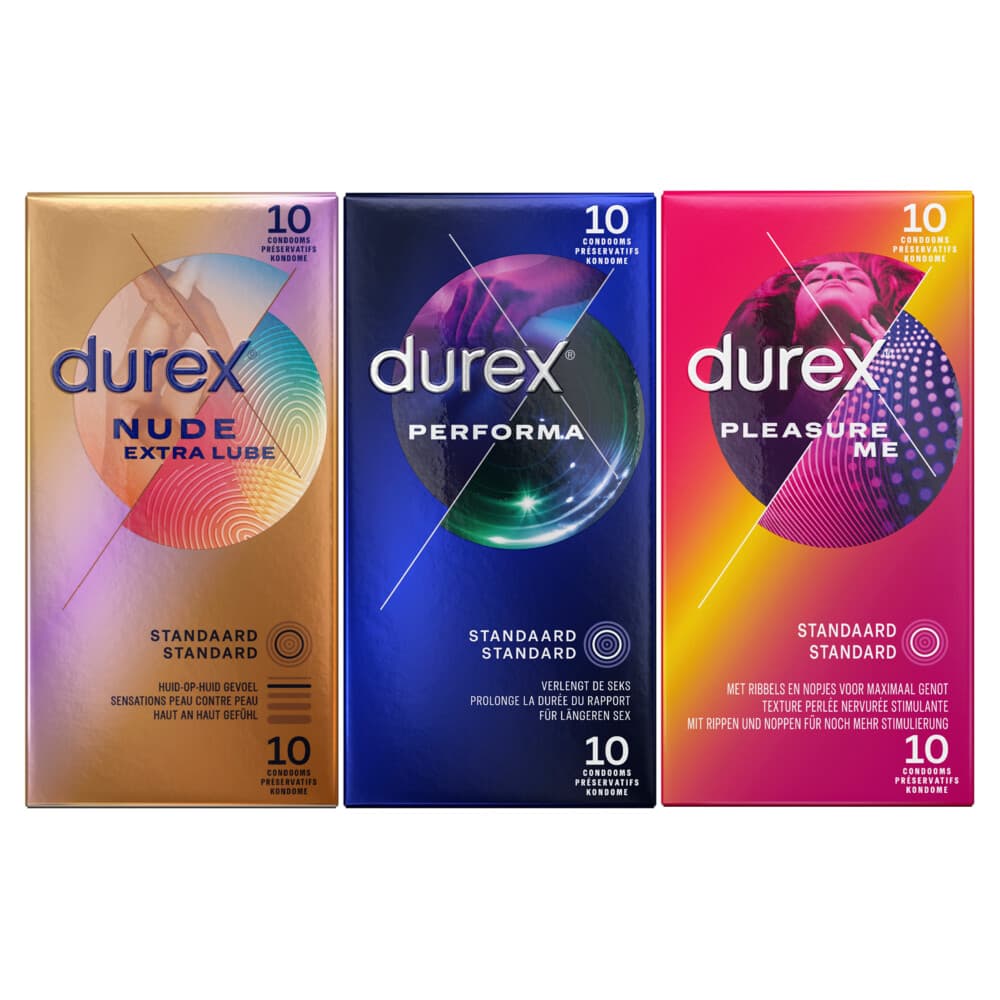 Durex - Nude Extra Lube Condooms 10 stuks, Pleasure Me Condooms 10 stuks&Performa Condooms 10 stuks - Pakket