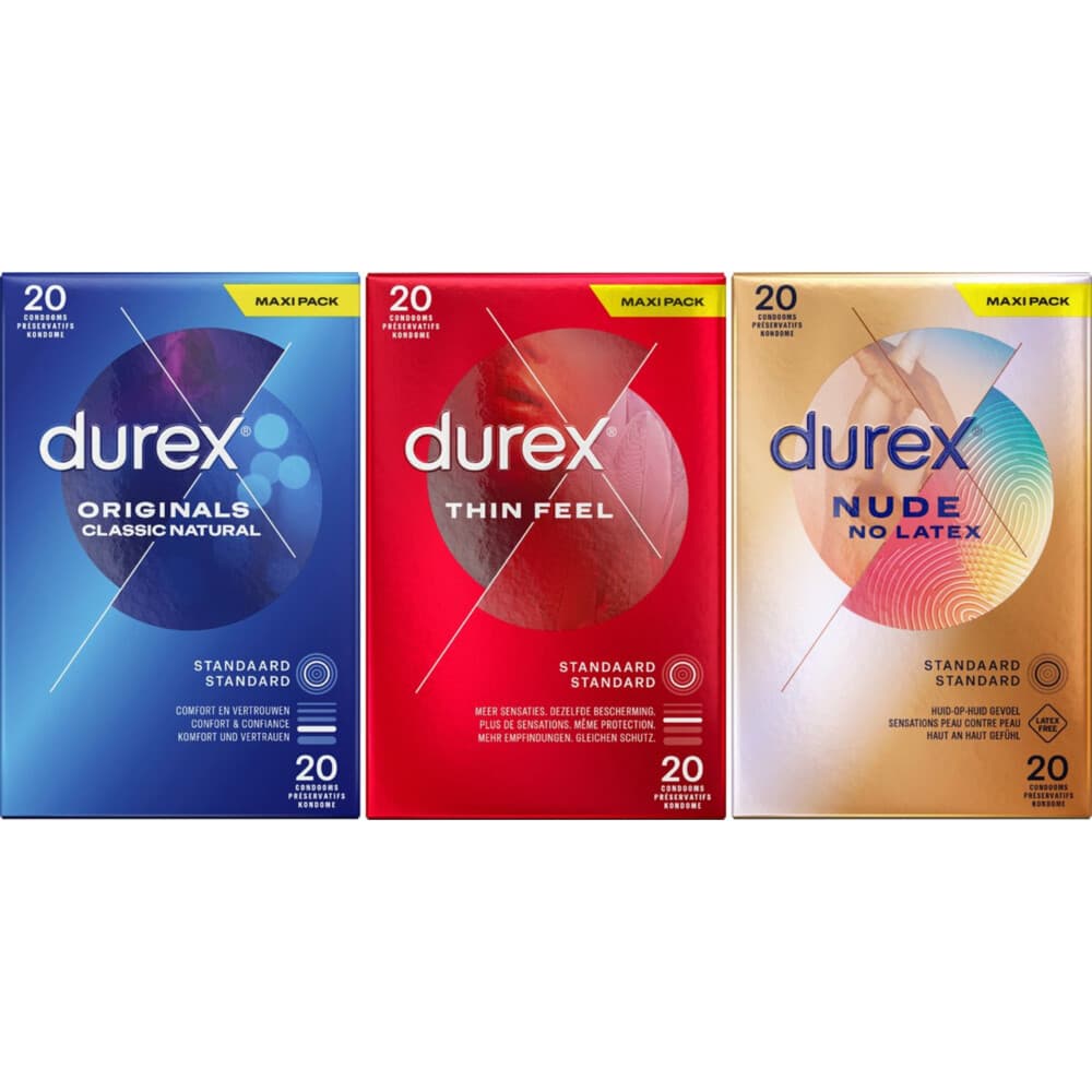 Durex - Classic Natural Condooms 20 stuks, Thin Feel Condooms 20 stuks&Nude No Latex 20 stuks - Pakket