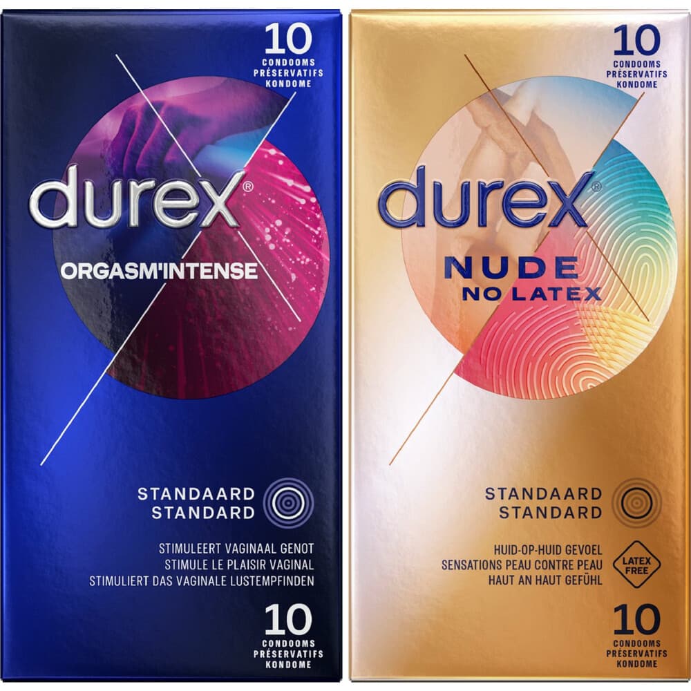 Durex - Orgasm Intense Condooms 10 stuks&Nude No Latex Condooms 10 stuks - Pakket