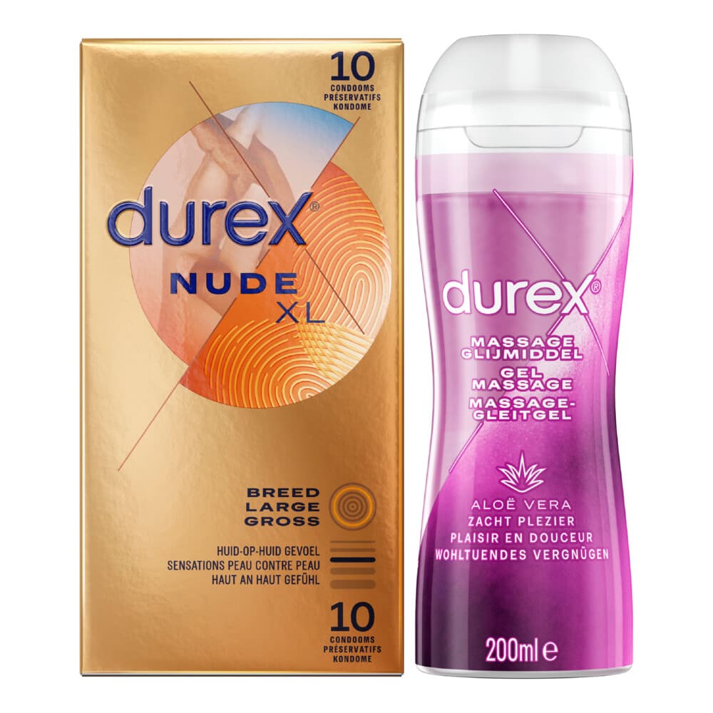 Durex - Nude XL Condooms 10 stuks&Play Massage Gel 2 in 1 Aloë Vera 200 ml - Pakket