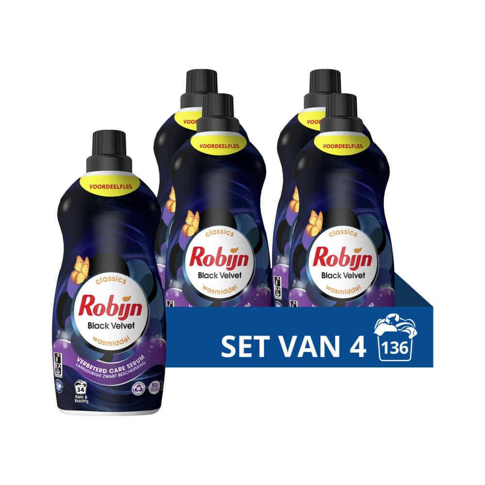 4x Robijn Klein&Krachtig Wasmiddel Black Velvet 34 Wasbeurten 1,19 liter