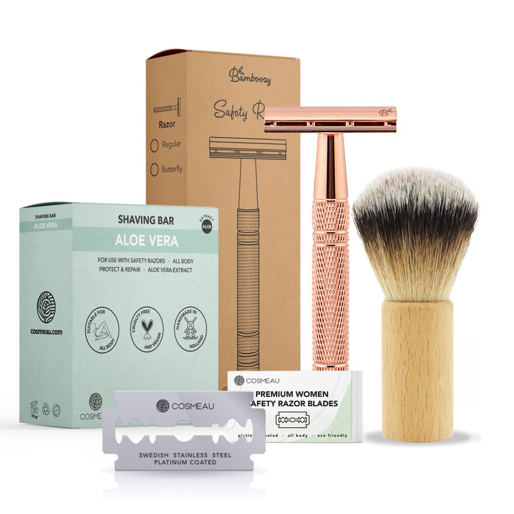 Bamboozy Safety Razor Aluminium Starterkit + Scheerkwast + Scheerzeep Rosé Goud 1 set