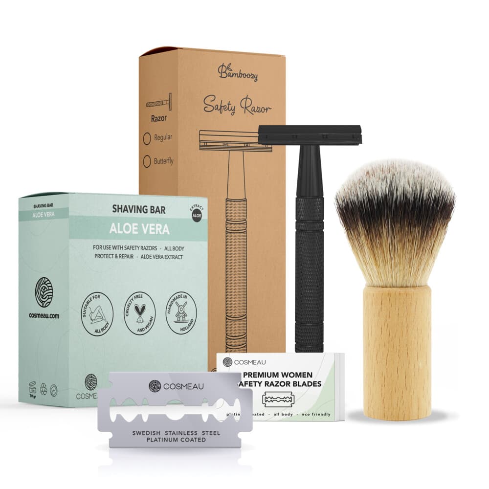 Bamboozy Safety Razor Aluminium Starterkit + Scheerkwast + Scheerzeep Mat Zwart 1 set