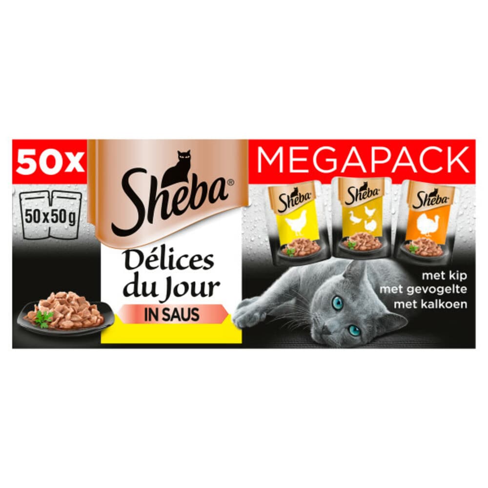 Sheba Kattenvoer Mega Pack Délices Du Jour Natvoer Gevogelte in Saus Maaltijdzakjes 50 x 50 gr