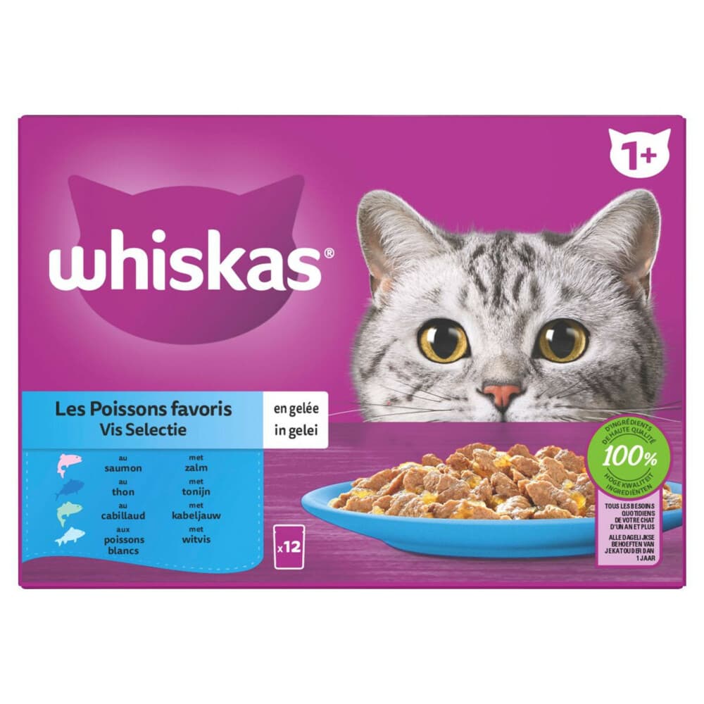 2x Whiskas 1+ Vis Selectie in Gelei Maaltijdzakjes Multipack 24 x 85 gr