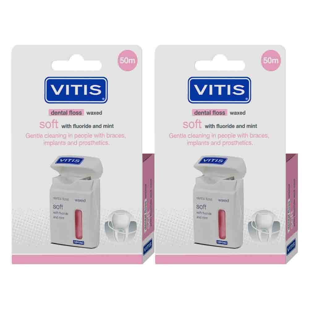 2x Vitis Waxed Dental Floss Fluoride&Mint 50 meter