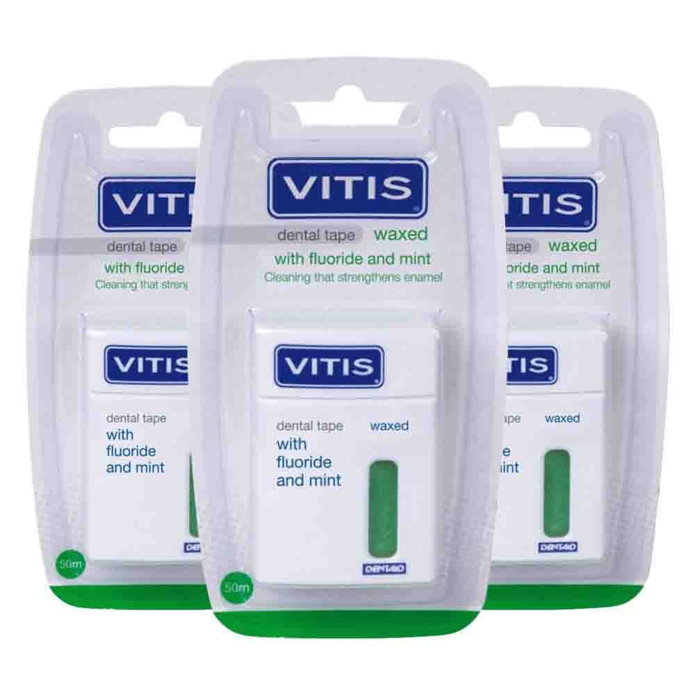 3x Vitis Waxed Dental Tape Fluoride&Mint 50 meter