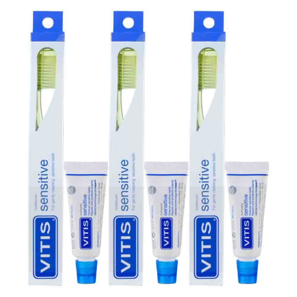 3x Vitis Tandenborstel + Mini Tandpasta Sensitive